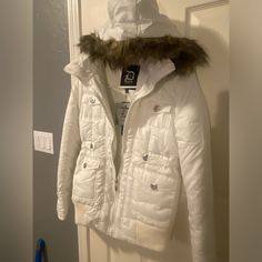 Questions? Leave A Comment Below! White Casual Outerwear With Faux Fur Trim, Casual White Outerwear With Faux Fur Trim, Winter White Faux Fur Coat, Fluffy White Jacket, White Puffer Coat With Fur Hood, Coquette Fur Coat, Winter White Faux Fur-lined Outerwear, White Puffer Jacket, White Puffer