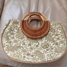 Beautiful New Handmade Summer Handbag. Perfect For Vacations Or Staycations! Radiant, Wicker, Handbag, Summer, Vacation, Resort Measures Included In The Last Pictures Nwot Beads On The Front Beige Handheld Beach Bag With Leather Handles, Cream Shoulder Bag With Bamboo Handle For Vacation, Beige Bag With Bamboo Round Handle, Brown Pouch Straw Bag With Top Carry Handle, Beige Woven Bag With Round Handle, Elegant Brown Hobo Bag For Vacation, Beige Beach Bag With Bamboo Handle, Beige Beach Bag With Detachable Handle For Vacation, Beige Shoulder Bag With Bamboo Round Handle