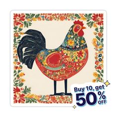 an image of a rooster with flowers on it's head and the words buy 10 get 50 % off