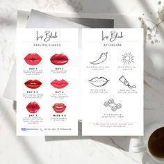 Editable Lip Blush Aftercare/Healing Process for estheticians and technicians.  Instant download PDF, editable on Canva (2'', 3.5'') ** Aftercare Instructions and Titles are not editable, only logo** How to use: 1. After your purchase you will be sent your PDF download. 2. Once you have received your PDF you can use it how it is or click the link on the last page and start editing on Canva. (You will need a Canva account to edit, use this link to sign up for a Canva account today! https://partne Lip Blush Aftercare, Lip Pmu, Microblading Business, Pmu Lips, Lip Permanent Makeup, Loyalty Card Template, Small Business Signs, Lip Blush, Healing Tattoo