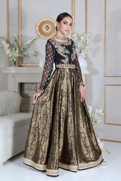 Antique Black | Pakistani Designer Outfit | Sarosh Salman Jamawar Lehnga, Silk Thread Embroidery, Golden Border, Designer Outfit, Chiffon Sleeves, Pakistani Designers, Thread Embroidery, Silk Thread, Wedding Wear