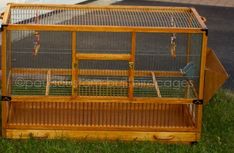 a wooden birdcage sitting on top of grass next to a building and street