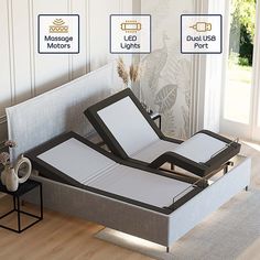 the adjustable bed frame is shown with two mattresses on each side and three different positions to adjust them