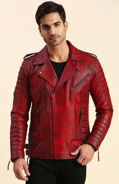 Get your Dawson distressed red motorcycle leather jacket now! This is a must-have for bikers and fashionistas alike. It's made from genuine leather with a distressed finish that looks great and feels comfortable. Red Fitted Leather Biker Jacket, Red Fitted Biker Jacket For Winter, Red Fitted Biker Jacket For Fall, Fitted Red Biker Jacket For Winter, Red Fitted Leather Jacket For Winter, Fitted Red Leather Jacket For Winter, Red Biker Outerwear For Fall, Red Leather Jacket For Winter, Red Leather Winter Outerwear