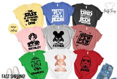 the star wars shirts are all different colors and styles, including one for each child