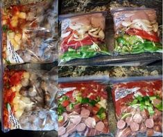 four bags of food that are sitting on a counter top, each containing different types of meats and vegetables