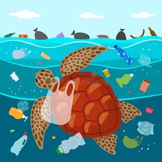 a turtle swimming in the ocean surrounded by trash and plastic bottles royalty illustration stock illustration