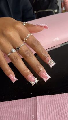 Flared Nails Acrylics, Graduation Nails Acrylic 2024, Slight Duck Nails, Duck French Tip Nails, Cute Nails With Charms, White Junk Nails, White Duck Nails, Short Duck Nails Acrylic, Nail Ideas Black Women