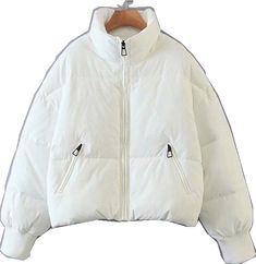 Solid Winter Outerwear With Pockets, Solid Color Outerwear With Zipper Closure And Stand Collar, White Puffer Parka For Fall, Winter Puffer Windbreaker, Winter Solid Puffer Windbreaker, Solid Puffer Windbreaker For Winter, Fall Long Sleeve Puffer Windbreaker, Fall Puffer Jacket With Pockets, Fall Puffer Windbreaker For Cold Weather