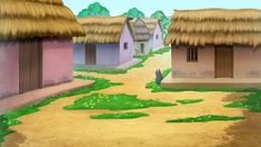 an animated image of a village with thatched roofs and small houses on the side