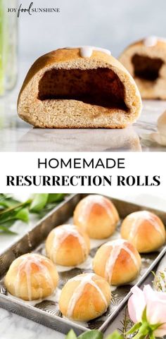 homemade resurrection rolls on a baking sheet with flowers in the background and text overlay that reads homemade resurrection rolls