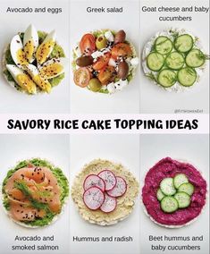 different types of food are shown on this page, with the words savory rice toping ideas