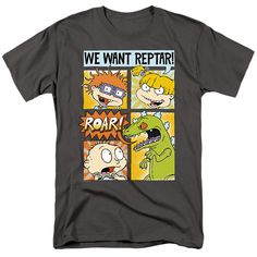 Rugrats We Want Reptar! Comic T-Shirt Fun Character Print T-shirt For Fan Conventions, Pop Culture Character Print T-shirt, Fun Cartoon Print Tops For Fan Conventions, Pop Culture Tops For Comic-con And Fan Conventions, Retro Character Print T-shirt For Fan Conventions, Pop Culture T-shirt With Character Print For Fan Conventions, Pop Culture Character Print T-shirt For Fan Conventions, Pop Culture Character Print Tops For Fan Gatherings, Funny Character Print T-shirt For Fan Conventions