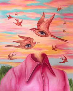 a painting of birds flying over a pink shirt on the ground and in the sky