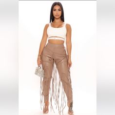 Fashion Nova Nude Color Faux Leather Pants With Hanging Strings. Brand New! Brown Leather Pants, Taupe Fashion, Leather Jumpsuit, Pants High Waisted, Fashion Nova Pants, Loungewear Women, Fashion Nova Jeans, Faux Leather Pants, Black Dress Pants