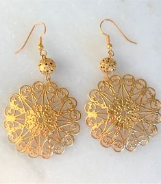 "Satin Gold Tone Open Filigree Lacey French Wire Drop Pierced Earrings Satin Gold Tone Open Filigree Hollow Ball Beads with 1 5/8\" Round Lacey Open Filigree Dangles Gold Tone French Wires Lightweight Earrings Earrings Measure 3\" Long x 1 5/8\" Wide These Earrings are New Vintage From the 1990's Made in USA COMPLIMENTARY DOMESTIC SHIPPING" Expensive Earrings, Unique Gold Jewelry Designs, Gold Filigree Earrings, Gold Jewellry, Gold Bride Jewelry, Filigree Earrings, Gold Jewellery Design Necklaces, Bridal Gold Jewellery Designs, Classy Jewelry