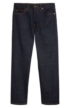 These durable straight-leg jeans are woven from nonstretch Japanese selvedge denim with unique yarn character that distinguishes every pair. 15" leg opening; 11" front rise; 14 1/2" back rise Zip fly with button closure Five-pocket style 100% cotton Machine wash, line dry Made in the USA Designer Clothing Selvedge Straight Leg Dark Wash Jeans, Dark Wash Straight Selvedge Jeans, Straight Selvedge Jeans In Dark Wash, Straight Selvedge Dark Wash Jeans, Dark Wash Straight Fit Cropped Jeans In Rigid Denim, Selvedge Straight Fit Jeans With Standard Cut Leg, Relaxed Fit Selvedge Jeans With Straight Leg, Selvedge Straight Fit Rigid Denim Bottoms, Selvedge Straight Fit Rigid Denim Jeans