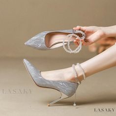 Lasaky - Bridal Wedding Shoes with Pearl Tie Crystal Heels - Silver High Heels for All-Day Comfort Pearl Tie, Work Heels, Wedding Pumps, Heels Silver, Silver High Heels, Bridal Wedding Shoes, Crystal Heels, Marathon Running Shoes, Shoe Sole