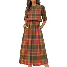 Scottish Buchanan Old Set Weathered Tartan Womens Elastic Waist Dress Tartan Plaid Dress Details : The regular fit makes it suitable for anyone to wear. A unique waist design can make you fashionable. Fabric: four-way stretch (95% polyester, 5% spandex). Regular fit; this product is nonelastic. Elastic waisted dress Fabric weighs 120g/m². Care Instructions: machine wash cold with similar colors, no bleach, tumble dry low, no ironing, no dry cleaning. Scottish Fashion Woman, Tartan Plaid Dress, Ancient Dress, Scottish Fashion, Elastic Waist Dress, Tartan Dress, Dress Home, Modern Dress, Classic Outfits