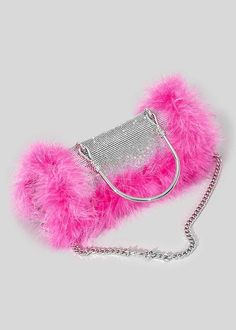 This luxurious evening mini bag is crafted from sparkly rhinestone decor and finished with dainty hot pink fuzzy trim, for a look that is equal parts glamorous and playful. Perfect for any dressy occasion, this elegant yet fun accessory is sure to turn heads and spark conversation. Glamorous Pink Party Bag, Pink Glamorous Evening Bag, Glamorous Pink Evening Bag, Glamorous Evening Bag With Rhinestone Fringe For Party, Pink Embellished Clutch For Party, Pink Embellished Evening Bag For Party, Pink Embellished Party Evening Bag, Pink Rhinestone Evening Bag For Parties, Pink Rectangular Evening Bag For Night Out