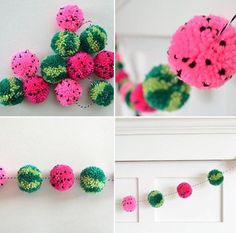 four different pictures of pink and green pom poms