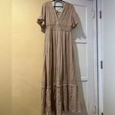 Women’s Wishlist Long Maxi Tan Dress Size L. Never Worn. Without Tags. Beige Lace Trim Maxi Dress For Day Out, Beige Midi Dress With Lace Trim For Vacation, Lined Beige Maxi Dress, Beige Lined V-neck Midi Dress, Beige Lined Midi Dress With V-neck, Sundress Style Maxi Dress With Lace Trim And V-neck, Casual V-neck Maxi Dress With Lace Trim, Beige Maxi Dress With Lace Trim For Brunch, Beige Maxi Dress Lined