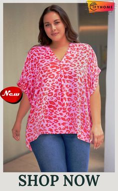 Rose Leopard Print V Neck Half Sleeve Plus Size Blouse Pink V-neck Blouse For Vacation, Pink V-neck Top For Vacation, Chiffon Blouse Outfit, Chiffon Blouses, Leopard Print Pattern, Plus Size Blouse, Spaghetti Strap Maxi Dress, Corsets And Bustiers, Chambray Dress