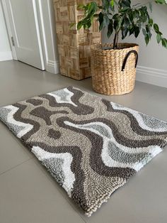 a rug on the floor next to a basket with a potted plant in it