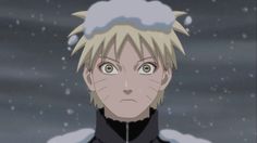 an anime character with blonde hair and blue eyes looks at the camera while snow falls on his head