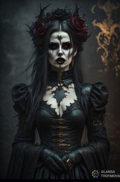 a woman with black makeup and white make - up is dressed in gothic clothing, holding her hands on her hips