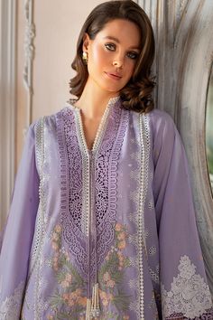 Lilac Chikankar Kameez Salwar Pakistani Party Wear comes in and Embroidered Center Panel, Side Panels, Embroidered Sleeves, Embroidered Sleeves Border, Lace Neckline, Lace Patches for Slits, and Lace Borders. It is paired with Embroidered Net Dupatta, Embroidered Dupatta Length Border, Embroidered Dupatta Pallu Border, it has Plain Dyed Back, paired with Plain Dyed Trouser Detailed Description: SKU: PN221 Detailing: Embroidery, Threads, Floral designs Color: Lilac Fabric: Lawn Design: Fully Embr Suit With Lace, Types Of Suits, Sobia Nazir, Code Design, Eid Dress, Pakistani Designer Clothes, Border Lace, Pakistani Party Wear, Pakistani Fancy Dresses