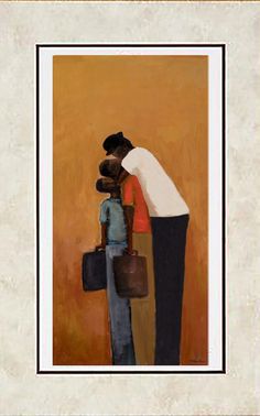 a painting of two people hugging each other in front of an orange wall with a white frame