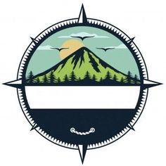 a mountain with trees and mountains in the background on a circular sticker or badge