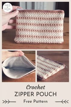 the crochet zipper pouch pattern is shown with instructions for how to make it