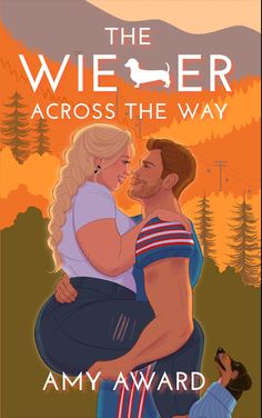 a man and woman hugging each other in front of an orange sky with the words,'the wier across the way '