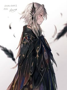 an anime character with white hair and feathers