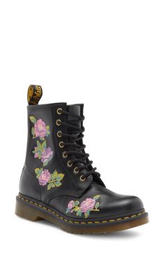 Yellow welt stitching over the AirWair sole adds a signature trim to the iconic leather boot featuring embroidered flower blossoms. 2" heel, 1 1/2" platform Leather upper/synthetic lining and sole Imported Leather Boots With Floral Print For Spring, Casual Boots With Floral Embroidery And Round Toe, Spring Leather Boots With Floral Print, Spring Leather Boots With Floral Embroidery, Black Leather Boots With Floral Print, Sporty Sunglasses, Nordstrom Women, Embroidered Boots, Unisex Shoes