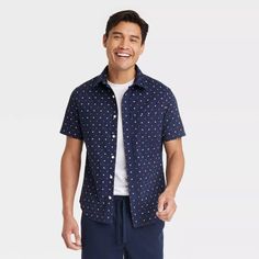 Men's Star Print Short Sleeve Button-down Shirt - Goodfellow & Co™ Heathered Navy Blue Xl : Target Navy Blue Background, Slim Fit Shorts, Slim Fit Men, S Star, Poplin Fabric, Casual Fits, Star Print, Men Short Sleeve, Printed Shorts