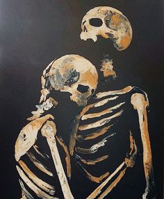 a painting of a skeleton holding a human skull