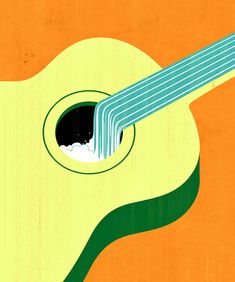 an illustration of a green and yellow acoustic guitar with the frisbee sticking out of it