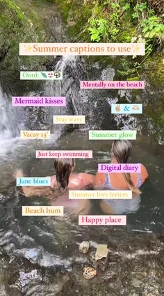 two people are in the water near a waterfall with words on it that read, summer captions to use