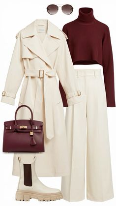 Discover a sophisticated and minimalist autumn-winter outfit featuring a classic cream trench coat with wide lapels and a belt, paired with a cozy burgundy turtleneck sweater and high-waisted cream wide-leg pants. Finished with chunky off-white Chelsea boots and a structured burgundy handbag, this chic ensemble brings modern elegance to your cold-weather wardrobe. Perfect for stylish minimalists who love a cohesive color palette! Ivory Wool Coat Outfit, Off White Trench Coat Outfit, Cream Chelsea Boots Outfit, Cream Chelsea Boots, White Trench Coat Outfit, White Cardigan Outfit, Burgundy Outfits, Burgundy Handbag, Wool Coat Outfit