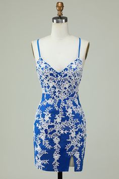 Lace Mini Dress With Spaghetti Straps, Blue Lace Mini Dress For Prom, Lace Cocktail Dress With Spaghetti Straps, Blue Spaghetti Strap Dress For Wedding, Lace Spaghetti Strap Evening Dress, Light Blue Lined Spaghetti Strap Dress, Blue Dress With Spaghetti Straps And Lining, Summer Sheath Mini Dress For Prom, Blue Lined Dress With Spaghetti Straps