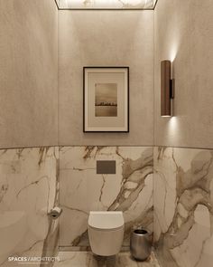 a white toilet sitting in a bathroom next to a painting on the wall above it