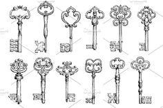 antique keys in different styles and shapes, vintage engraved engraving or etching from the 19th century