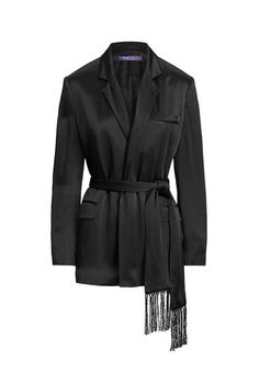 NWT $2590 Ralph Lauren Collection Quinton Belted Satin Black Blazer Women’s Size 6. Note: All measurements are taken by hand manually. So please note that it might differ +/- 0.5" Size 4: Relaxed Fit  Chest (armpit to armpit) 21" ; Length (shoulder to hem) 29" ; Sleeve length (Shoulder seam to cuff) 24.5” DESCRIPTION Melding the soft construction of a men's smoking robe with design elements from a structured blazer, the Quinton is Ralph Lauren's modern rendition of a women's smoking jacket. Double-faced satin brings a remarkable drape and a subtle yet luxurious sheen to this Italian-made style, which is finished with a self-belt that's intended to be knotted at the waist for beautiful definition. Our script-logo jacquard lining amplifies its timeless appeal. DETAILS Relaxed fit. Intended t Structured Blazer, Americana Style, Classic Americana, Satin Blazer, Embellished Jacket, Americana Fashion, Purple Label, Satin Jackets, Ralph Lauren Collection