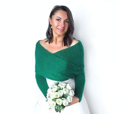 "Knitted wedding jacket/shrug/cover up for brides. NOT ITCHY! It is unique in that they can be wear on both sides. As if you receive two bolero for one price! You can put it on in many different ways. See for yourself which one will suit you best! It will be a beautiful and warm wedding accessory what will warm your shoulders, but will not affect your hairstyle because owed around the shoulders. Enjoy the comfort and look elegant and beautiful. WHAT SIZE TO CHOOSE? Measure the circumference of y Groom Blue Suit, Bridal Scarf, Green Convertible, Knitted Shrug, Wedding Sweater, Bridal Sweater, Shrugs And Boleros, Knit Shrug, Wedding Jacket