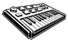 an electronic keyboard with keys and knobs in black and white, on a white background