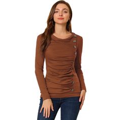 Show your feminine style with this ruched drape neck slim top. This long-sleeved pullover top is one of the must-have items in your wardrobe. The slim cut can show your charming silhouette, and the button decor adds a casual feel. Feel free to pair it with jeans and boots for a smart look. Day-to-Night, Weekend Gathering, Vacation, Office, School, Dating, etc. Cheap Split Neck Tops With Buttons, Cheap Ruched Tops For Fall, Cheap Fitted Top With Button Cuffs, Cheap Fall Shirt With Button Cuffs, Ouat Outfits, Button Decor, Cowl Neck Long Sleeve, Ruched Top, Fall Looks