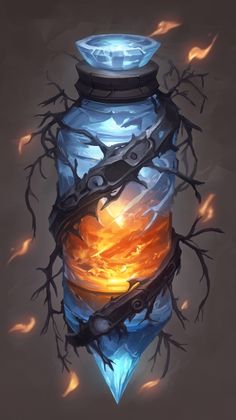 an image of a bottle with flames coming out of it and branches on the top